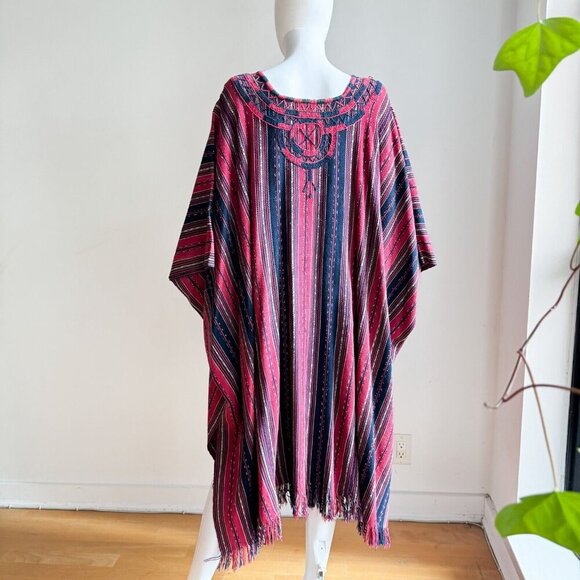 Vintage Ethnic Burgundy Blue Embroidered Poncho OS - Picture 2 of 6
